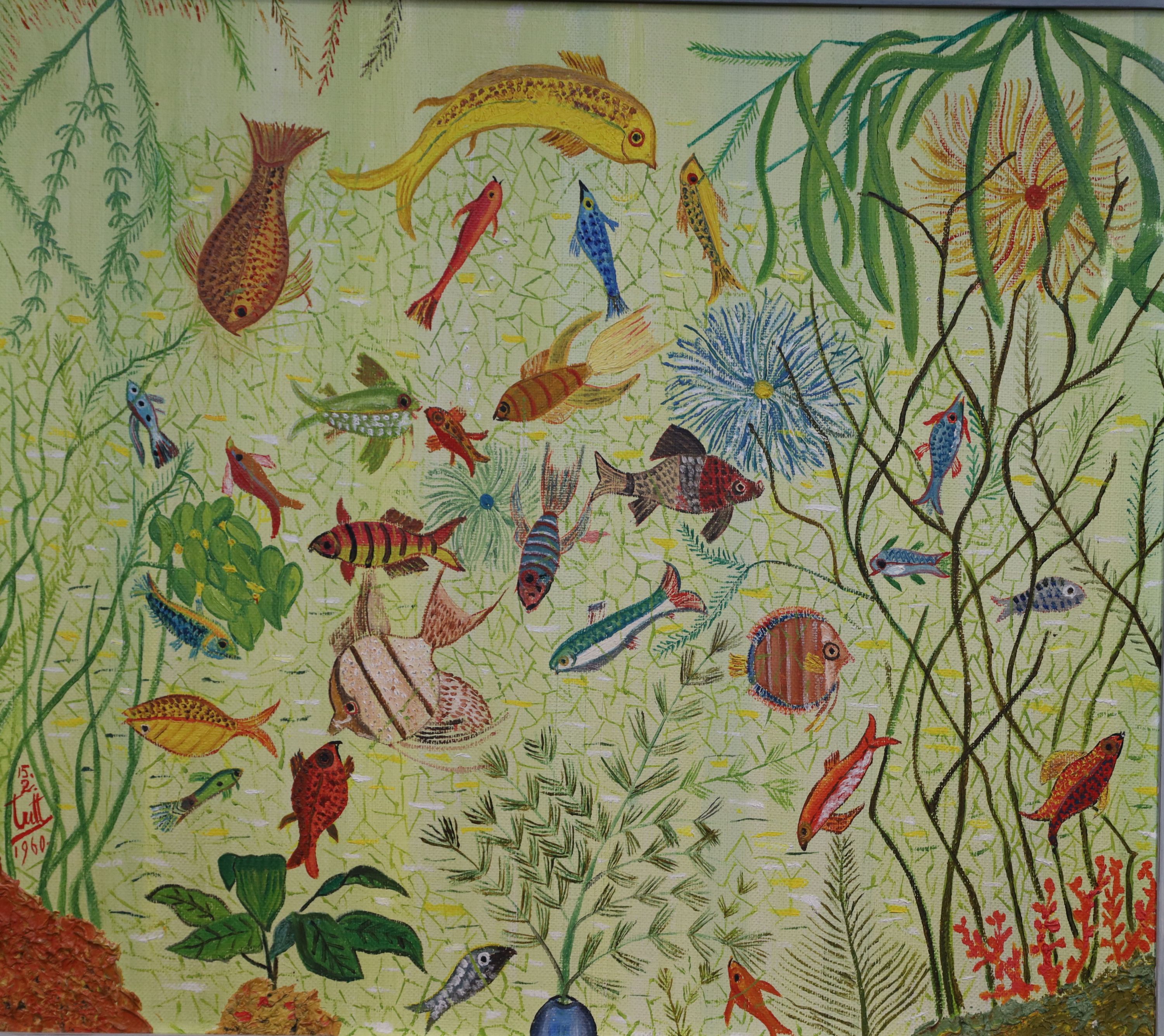 Tutt Flowers on a blue ground and Aquatic scene 50.5 x 61cm and 39.75 x 45.75cm